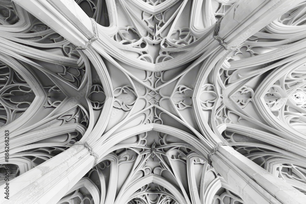 Aufkleber black and white view of the detailed architecture on the ceiling of a cathedral, create a sense of m