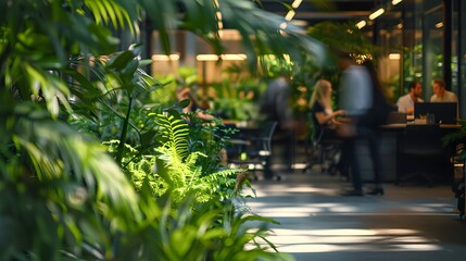 Obraz premium Depict the balance of nature and work in a bustling office environment with blurred business professionals and lush greenery