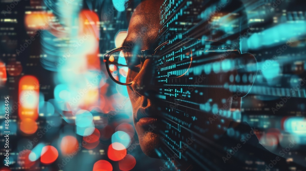 Poster a cybersecurity professional interfaces with digital data streams, showcasing modern technology and 