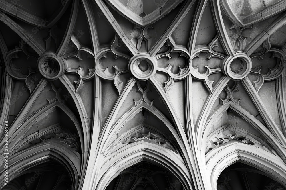 Poster intricate patterns of a cathedral ceiling, create a sense of movement and fluidity in the intricate 