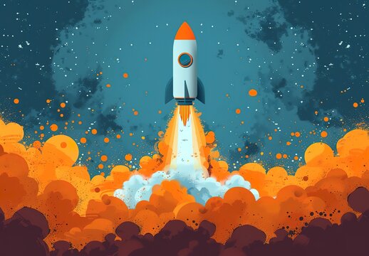 A rocket is launching into space with orange and white smoke trailing behind it