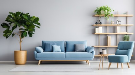 Serene Living Room with Blue Velvet Sofa and Armchair