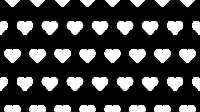 Seamless loop pattern of white heart icons on a black background. Infographic and pictogram background. Valentine's Day, romantic themes, and decorative designs concept. 4K Motion Graphics.