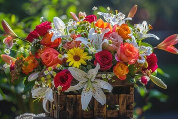 A vibrant bouquet of freshly picked flowers arranged in a rustic wooden basket, featuring a stunning mix of roses, lilies, and daisies. The petals glisten with morning dew under the soft sunlight.