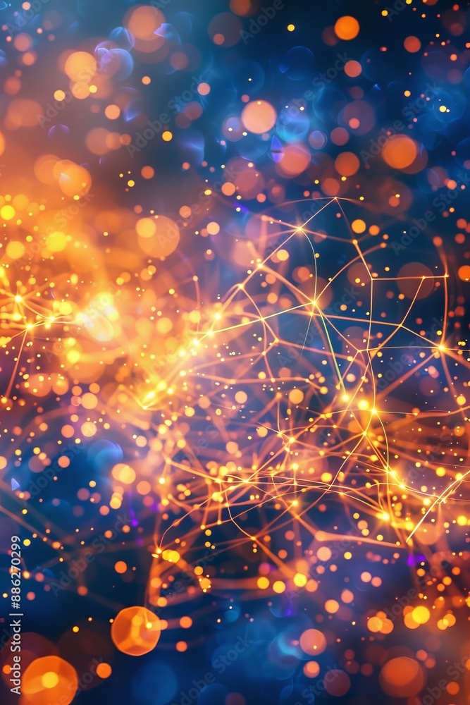 Poster abstract blue and orange festive lights background with connecting lines and network, bokeh effect