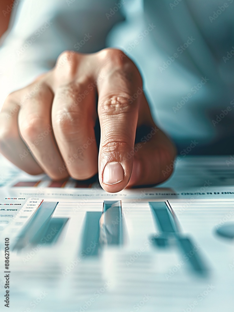 Poster the hands of an advisor pointing to a bar graph on a printed report, representing investment plannin