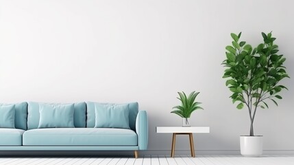 Minimalist Living Room with Light Blue Sofa and Green Plants