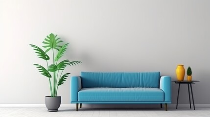 Minimalist Living Room with Blue Sofa and Greenery