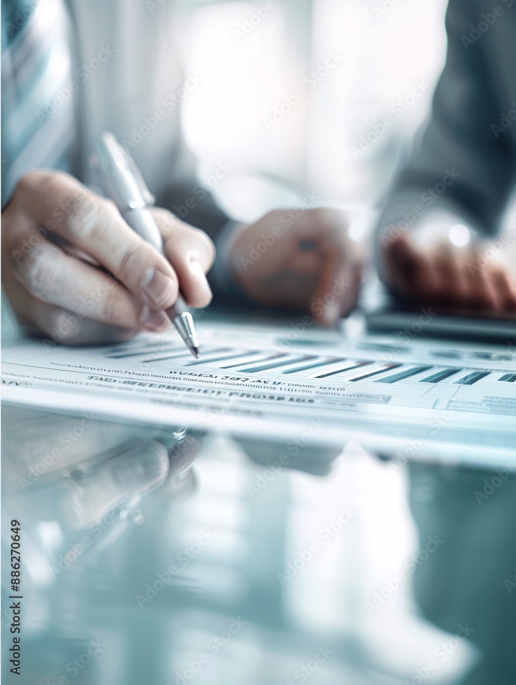 Aufkleber close-up of an advisor explaining financial data to a client, focusing on strategic investment plann