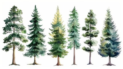 Fototapeta premium Isolated green evergreen fir pine spruce trees on white background