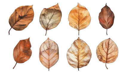 Obraz premium set of dry leaves, dead, dehydrated and discolored fallen leaves, common during fall season, transparent background or PNG file.