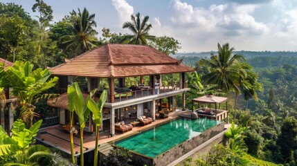 Fototapeta premium Discover an opulent private villa boasting photogenic views and top-tier luxury amenities, ideal for an unforgettable and luxurious stay.