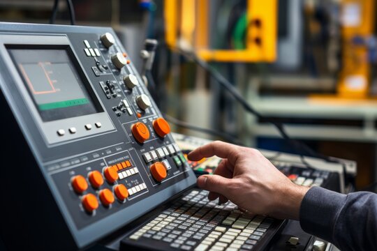 Hand precisely operates cnc machine control panel for data input, demonstrating accurate control