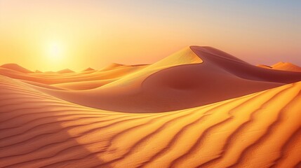 Golden Sunset Over Sand Dunes, Desert Landscape With Endless Sand Ripples Under Dramatic Sky