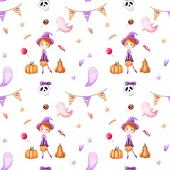 Seamless pattern spooky Halloween . Watercolor witch.Hand draw illustration.Happy Halloween.Cute ghost