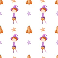 Seamless pattern spooky Halloween . Watercolor witch.Hand draw illustration.Happy Halloween.Cute pumpkin 
