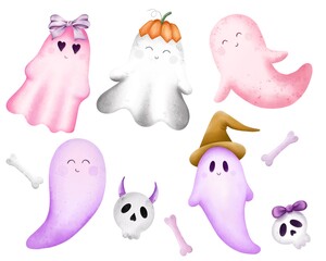 halloween monsters set. Spooky set ghost.Hand draw watercolor illustration .Happy Halloween.