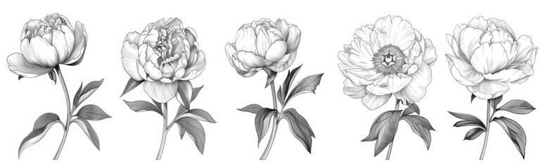 An abstract design of blooming peonies flowers drawn in continuous line. Modern illustration set.