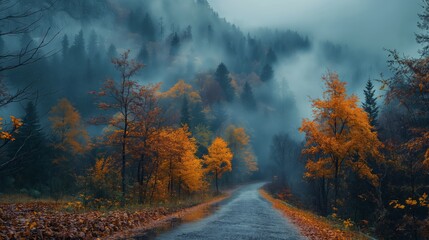 A mysterious foggy road meanders through a vibrant autumn forest, inviting a journey into the unknown.