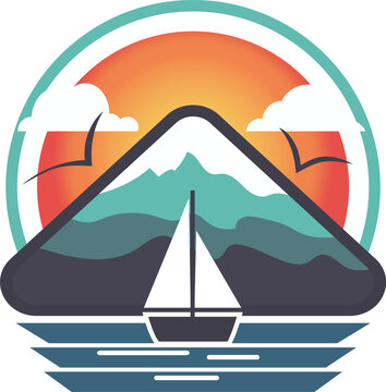 Yacht in the sea and mountains. Vector illustration of a sailboat.
