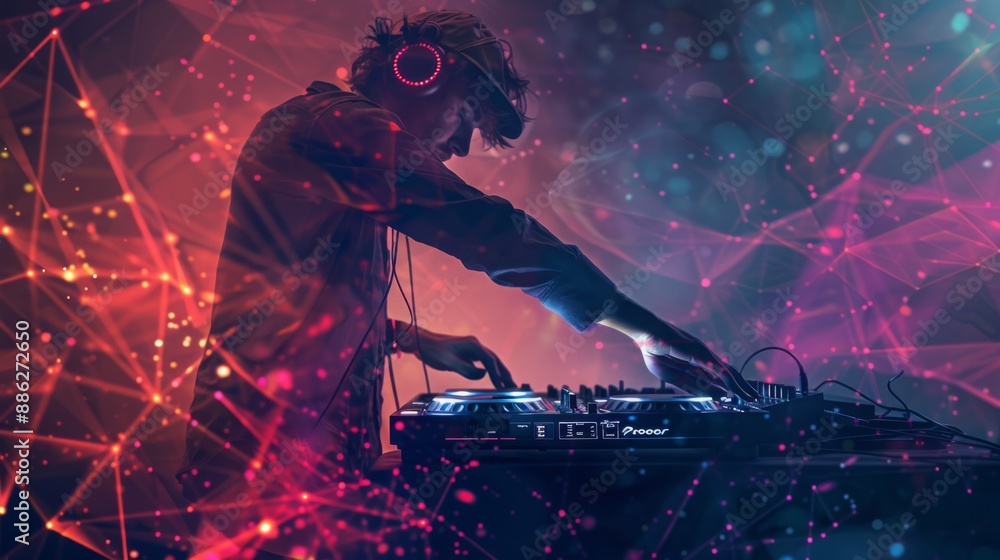 Poster a dj mixes music with headphones and a mixer, adjusting knobs and buttons. lights and visual effects