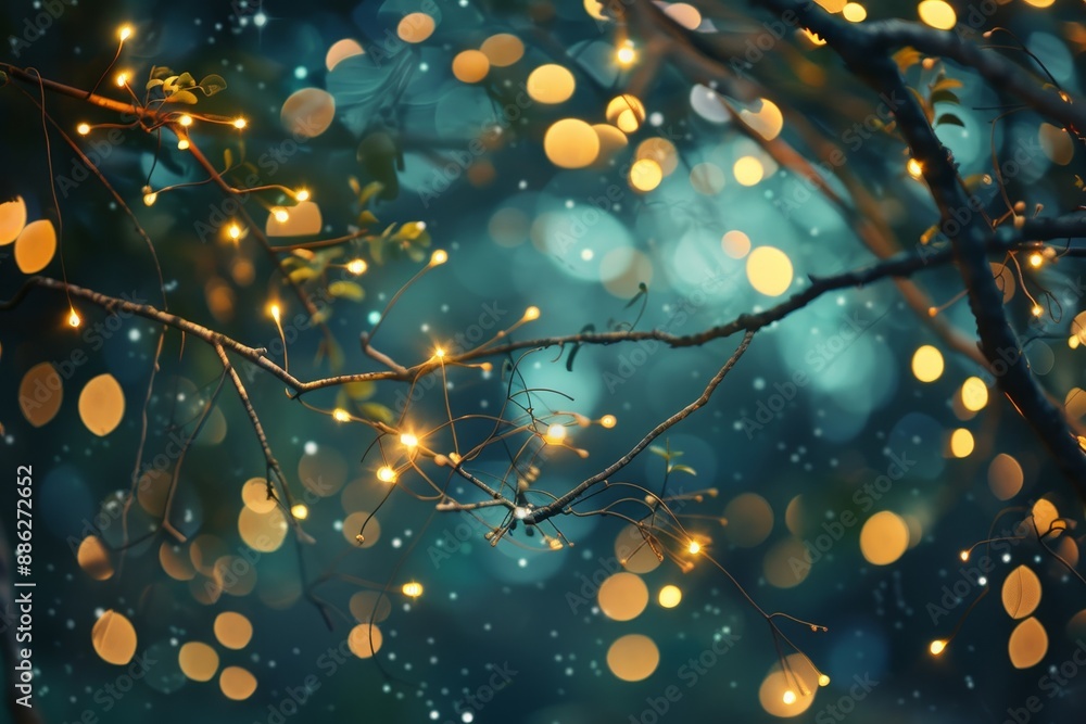 Poster a tree with fairy lights glowing, creating a blurry yet enchanting sight, create a serene scene with