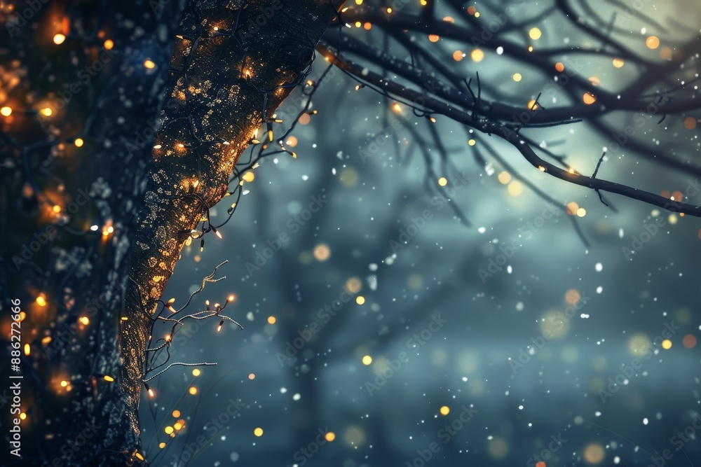 Poster a tree adorned with numerous fairy lights, creating a dazzling and magical display, create a serene 