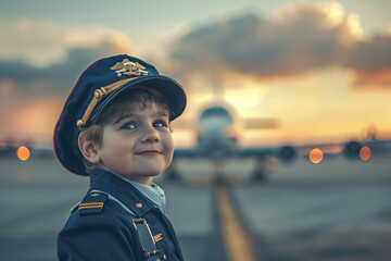 AI generated picture of happy kid wear airplane captain suit pilot career children day concept