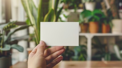 A person is holding a white card with a blank space on it