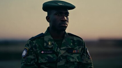 Portrait of serious African American handsome young male soldier in cap with backpack standing at street. Man militarian looking at camera at train station. Bus stop. Military uniform. Zooming in. - Powered by Adobe