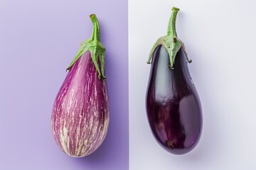 Three fresh berenjenas over a white background. A superior view.