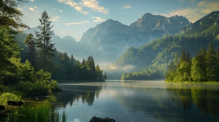 Scenic mountain lake surrounded by pine trees with reflections in the calm water under the morning sunlight.