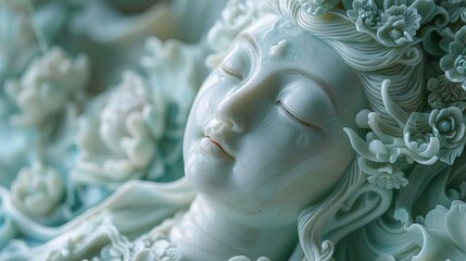 A close-up shot of a cyan and white jade relief buddha sculpture.