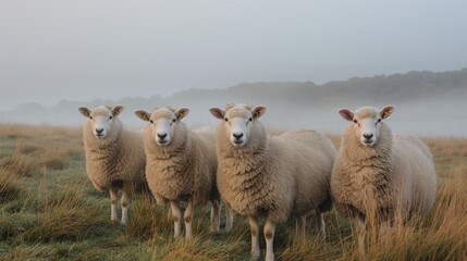Fototapeta premium A peaceful morning as a flock of sheep grazes in a fog-laden meadow, their wool blending with the mist.