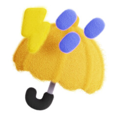 Yellow umbrella with lightning and rain or rainstorm isolated. Weather forecast icon. Climate elements. 3D Wool felt style illustration. 