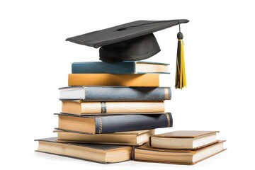 On a white background, stacked books and a graduation cap symbolize education day