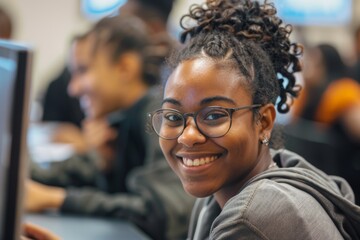 Fototapeta premium An image of smiling students using laptops together. Animated characters generated by Generated AI.