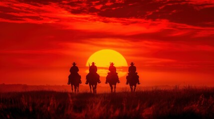 Silhouette of four cowboys on horseback against a dramatic red sunset in the countryside.