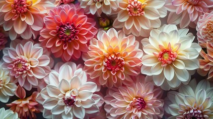 Obraz premium Dahlias and peonies are arranged in an artistic 3D wallpaper, their petals appearing to be soft to the touch.