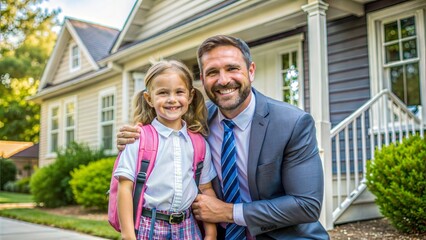 together in front of house, ,father sent his  daughter to school, daughter wearing a backpack ready for school and she is first grade, primary, elementary
