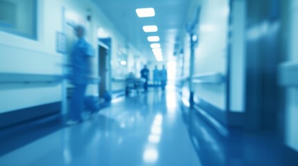 A blurred interior scene of a hospital or clinic corridor with diverse doctors in motion is suitable for medical and healthcare services.