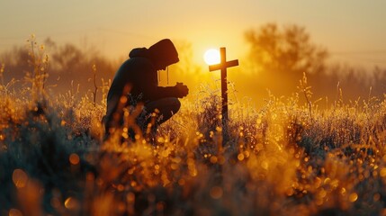 Depressed Man Kneeling and praying in front of cross in mountain Sunrise 