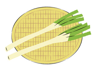 ザルに入った長ネギのイラスト｜ベクター