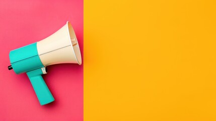 Colorful megaphone on vibrant split background, ideal for marketing, announcement, and communication concept designs.