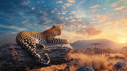 Leopard Resting on a Log at Sunset