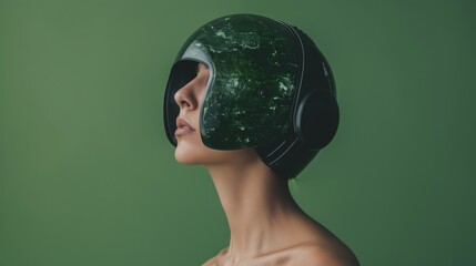 model in green vegetable helmet, high fashion photoshoot with green background, minimalistic high resolution photography