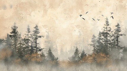 Painting of an autumnal woodland scene with dried trees, birds, and a fog-covered backdrop in watercolor.