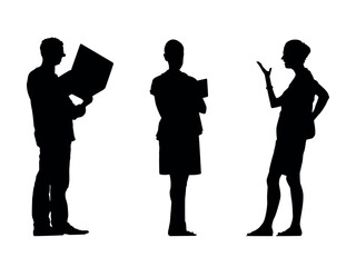 Vector silhouettes of men and a women, a group of standing business people, profile, black color isolated on white background