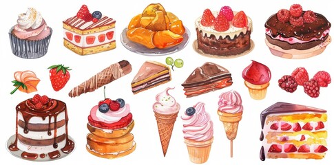 A watercolor illustration of sweet breakfast cakes and juicy fruity pastries with berries on a transparent background.