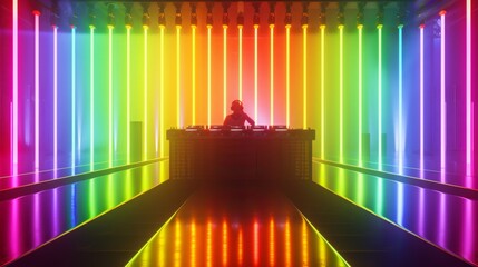 A silhouette of a DJ playing music at a DJ console, surrounded by bright neon lights in a variety of rainbow colors.
